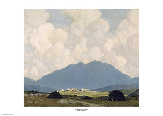 A cloud filled sky takes up half the painting with a muted mountain silhouette taking up another third of the image. A handful of small cottages are visible in the distance standing out against the dark of the distant mountain. The painting is surrounded by a white border with its name and painter at bottom centre.
