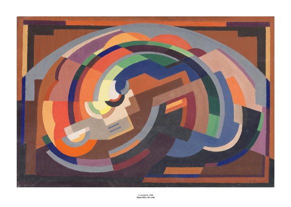 An abstract images of various shapes making a curved shape. It is primarily in shades of orange but with some blue and green as well. The painting is surrounded by a white border with its name and painter at bottom centre.