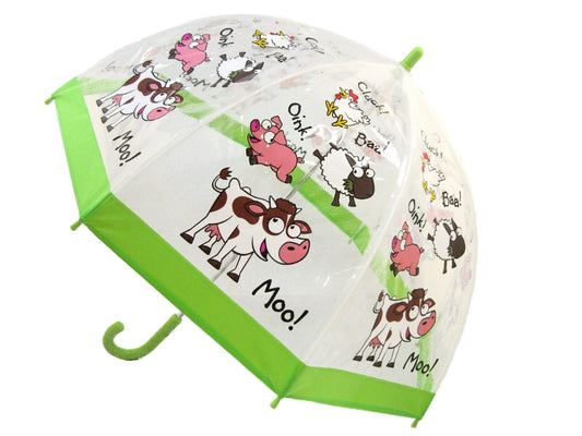An open umbrella with a clear canopy. Each panel has a cartoon of a cow saying moo, a pig saying oink, a sheep saying baa, and a chicken saying cluck. The edge is green.