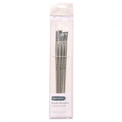 White plastic package with a clear front showing four paint brushes with white heads and silver handles. The product name and details are at the bottom in a dark teal.