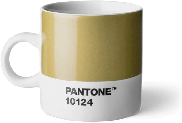 A short cup with a wide panel of gold around the top two thirds. Underneath is a white stripe with ‘Pantone 10124’ in small black capitals. It has a small white handle and white inside.