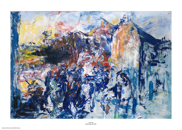 Painted primarily in shades of blue with strokes of red and yellow, the figures in this expressionist painting are evoked through loose shapes and visible strokes. The style of painting has visible brush strokes and paint texture. The painting is surrounded by a white border with its name and painter at bottom centre.