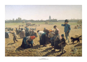 A large golden field with groups of people, primarily women with some children, bent over picking wheat from the ground. The people are scattered at different distances from the viewer. Haystacks are visible in the background. The painting is surrounded by a white border with its name and painter at bottom centre.