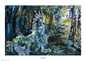A loose, expressionist painting of a horse running through a dark woods. Primarily painted in blue, black and white, there are touches of yellow and red. The style of painting has visible brush strokes and paint texture. The painting is surrounded by a white border with its name and painter at bottom centre.