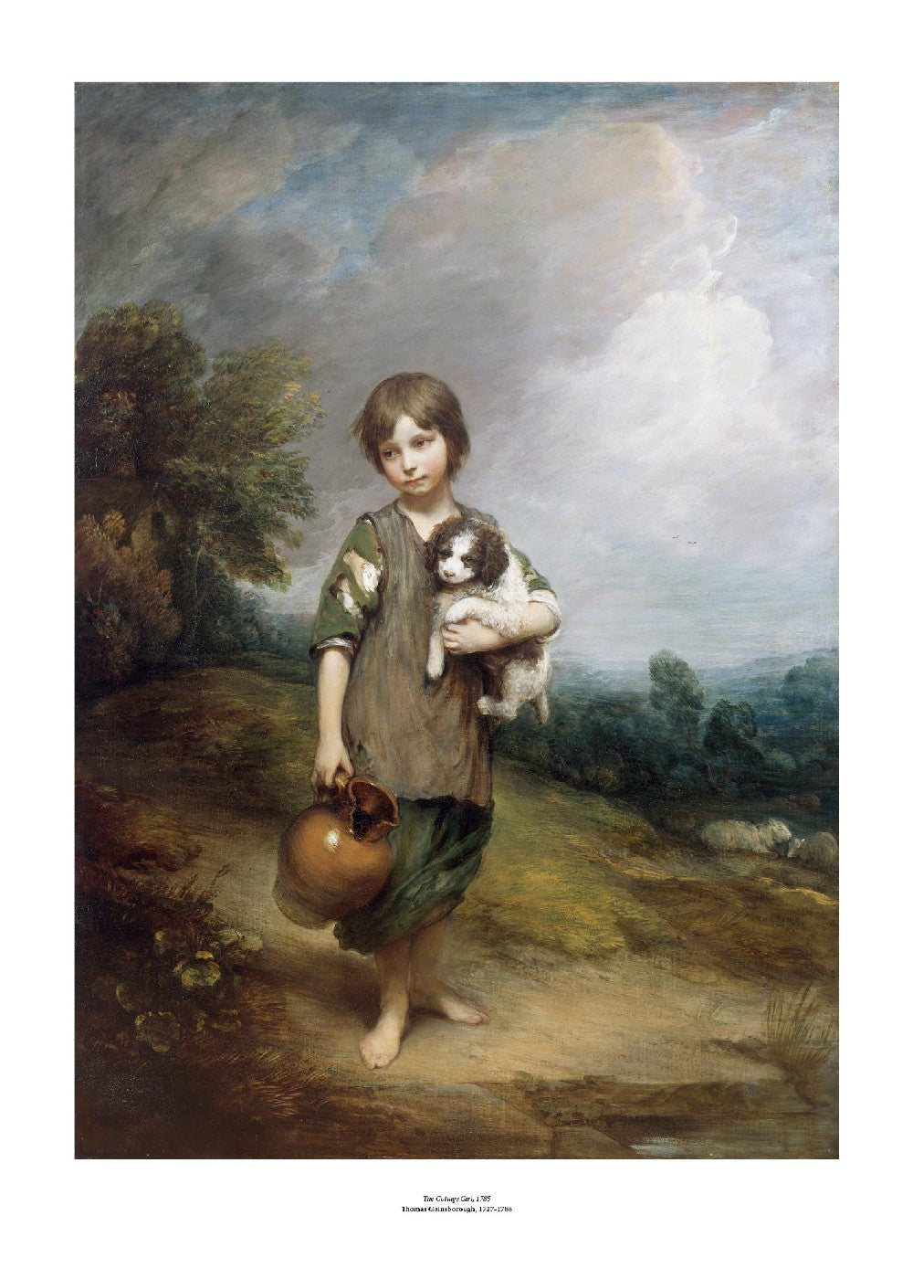 A young girl with short hair and ragged clothes stands in a classic landscape. She holds a jug in one hand and a small dog in her other arm. The painting is surrounded by a white border with its name and painter at bottom centre.