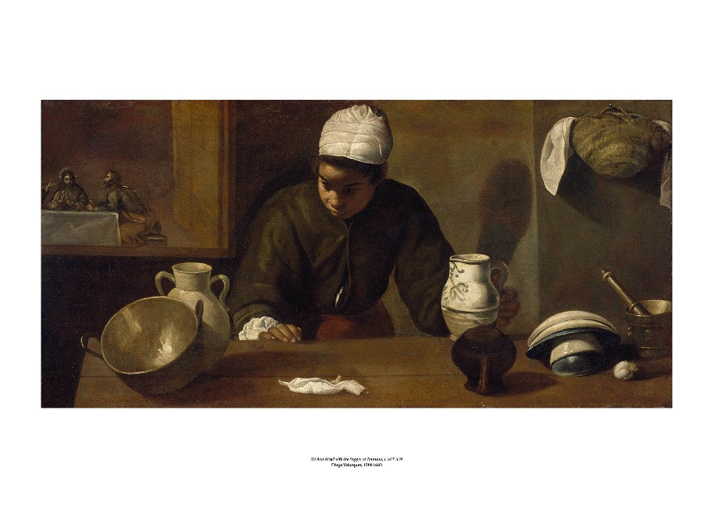 A woman stands behind a table with kitchen ware on it. She appears to be listening to the people who sit in a room through a door behind her. The classical painting is mainly in shades of brown. The painting is surrounded by a white border with its name and painter at bottom centre.