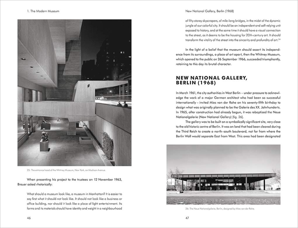 A two page spread with text across both of them. The left page has a black and white photo of the entrance to the Whitney Museum, New York. The right has a black and white photo of the National Gallery in Berlin in 1968.