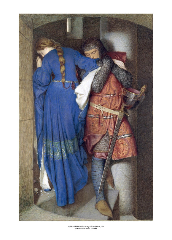A man in mail and a woman in blue stand on a castle staircase. The woman has her back to the viewer and her face turned from the man as they walk in opposite directions. He is embracing her arm as he descends. The painting is surrounded by a white border with its name and painter at bottom centre.