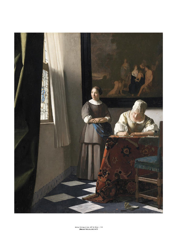 On the right a woman sits at a table writing a letter. A maid stands beside her looking out the window to the left which illuminates the scene. Behind them a large painting hangs on the wall. The painting is surrounded by a white border with its name and painter at bottom centre.
