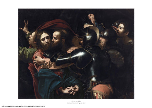 A dark scene where a group of men, primarily soldiers, are looking and moving towards a man, Jesus, on the left. One of the men, Judas, is leaning in to kiss Jesus on the cheek. The painting is surrounded by a white border with its name and painter at bottom centre.