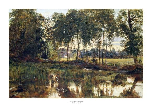 A classic landscape painting of a still river, flowing towards the viewer, with trees along the bank primarily in shades of green and brown. The painting is surrounded by a white border with its name and painter at bottom centre.