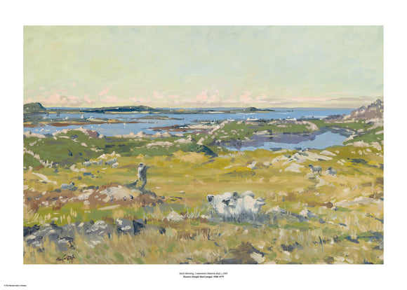 An impressionist style painting of green fields that leads to the sea in the background, with peninsulas in the distance. There is a small group of sheep in the foreground. The painting is surrounded by a white border with its name and painter at bottom centre.