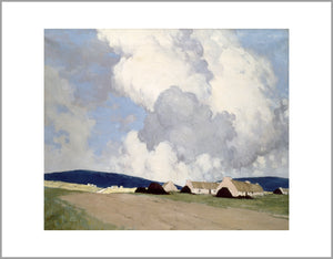 A cloud filled sky takes up the top two thirds of the painting. There are small number of thatch cottages in the bottom right on a simple landscape.