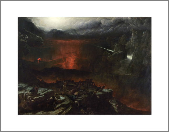 A large apocalyptic scene with dark clouds and the earth being split by red lava dominate the painting. In the foreground on a rocky outcrop people cower while a freed slave stands, arms raised to the sky.