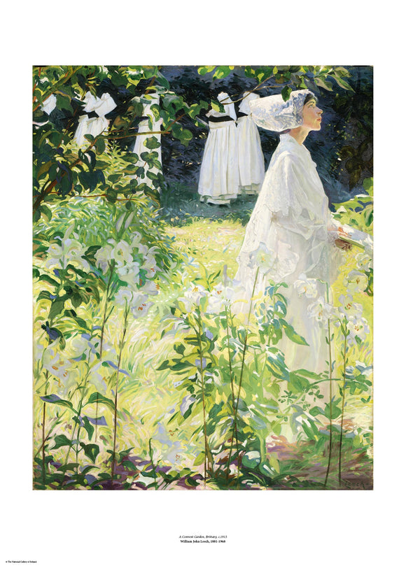 A woman in white walks towards the right of the painting. White, long stemmed lilies dominate the foreground and up the left side of the image, effectively framing the woman. The painting is surrounded by a white border with its name and painter at bottom centre.