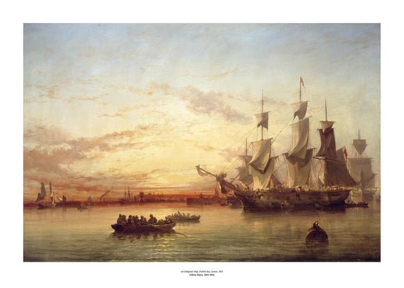 A classical painting of large old fashioned ship with open sails at sunset. In the foreground two row boats with passengers are moving towards the ship. The painting is surrounded by a white border with its name and painter at bottom centre.
