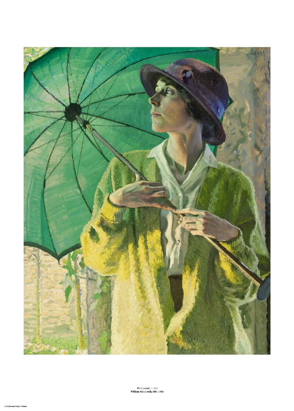 A woman in a loose yellow cardigan looks off to the side while holding a large green umbrella open over her shoulder. The painting is surrounded by a white border with its name and painter at bottom centre.
