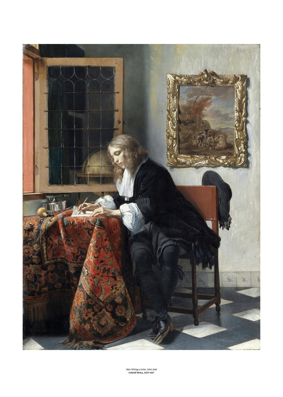 In a realistic style painting a man is sitting at a table against a window while writing a letter. A landscape painting is on the wall to the right. The painting is surrounded by a white border with its name and painter at bottom centre.