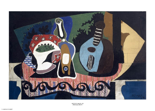 A colourful painting where the objects are flattened, distorting their shape and creating an abstract scene. The painting is surrounded by a white border with its name and painter at bottom centre.