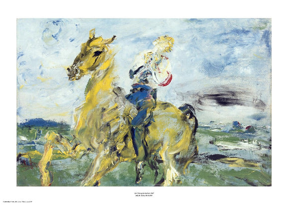 An expressionist painting with visible brush strokes and paint texture. A man, with his head thrown back to the sky, rides a yellow horse. The painting is surrounded by a white border with its name and painter at bottom centre.