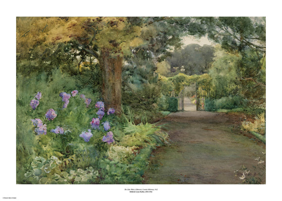 To the right a large garden path leads to an open gate. The left of the scene is taken up by greenery, a large tree and purple flowers. The painting is surrounded by a white border with its name and painter at bottom centre.