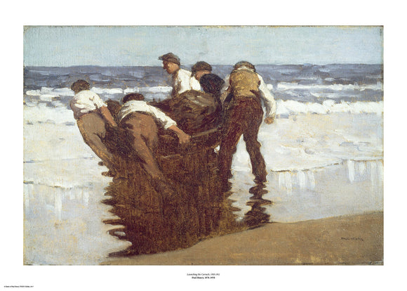 In the shallows on a beach a group of men in brown and white drag a small boat towards the sea. The painting is surrounded by a white border with its name and painter at bottom centre.