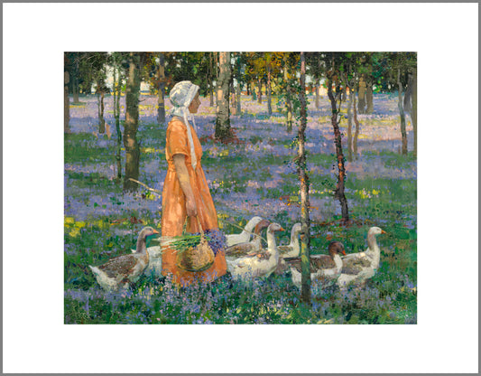 A woman in an orange dress and white bonnet walks through a woods where the forest floor is covered in purple flowers. She has a group of geese around her and carries a basket of the purple flowers.