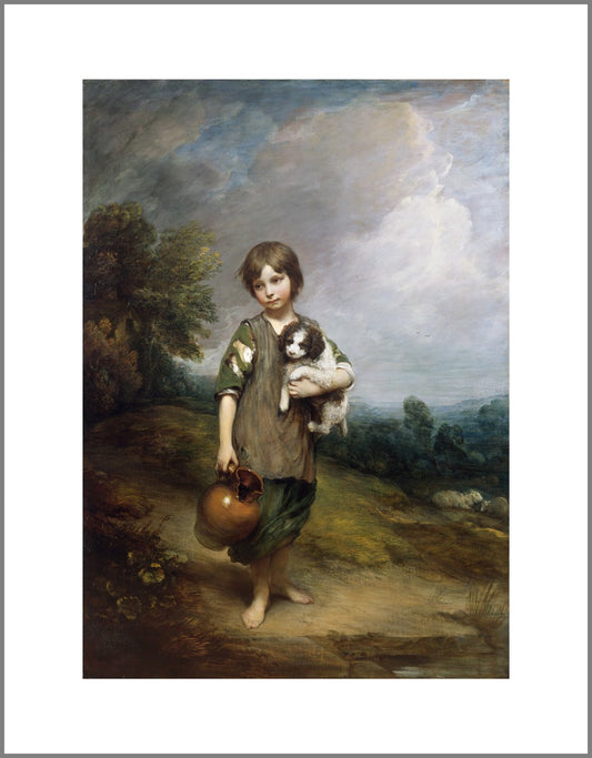 A young girl with short hair and ragged clothes stands in a classic landscape. She holds a jug in one hand and a small dog in her other arm.