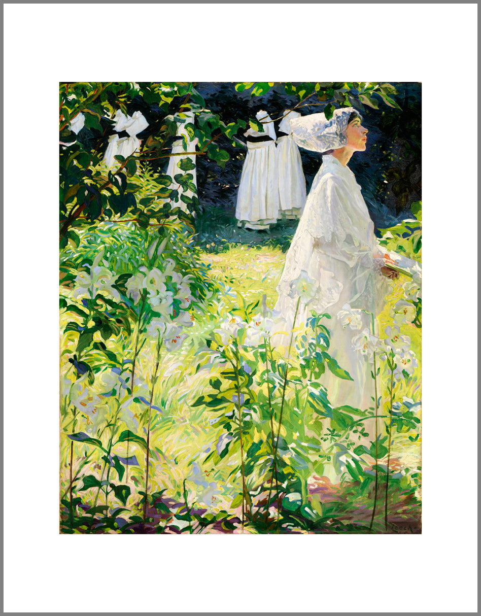 A woman in white walks towards the right of the painting. White, long stemmed lilies dominate the foreground and up the left side of the image, effectively framing the woman.