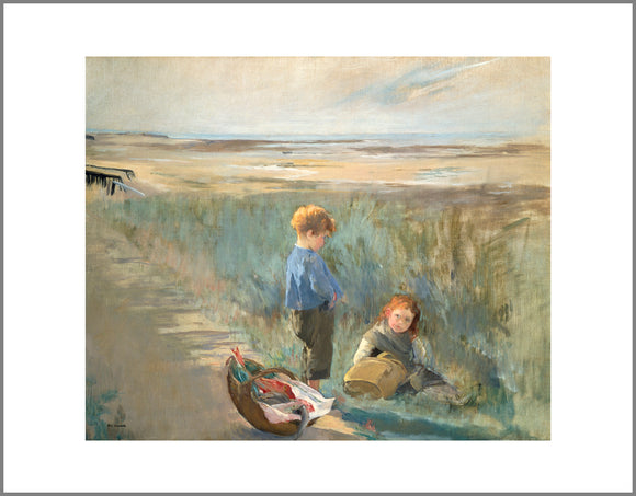 Two children sit in the grass while a beach landscape stretches off behind them. The sea is barely visible in the far background.