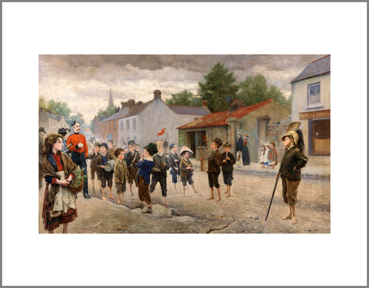 A village street where children are gathered marching, pretending to be soldiers while a handful of other villagers look on.
