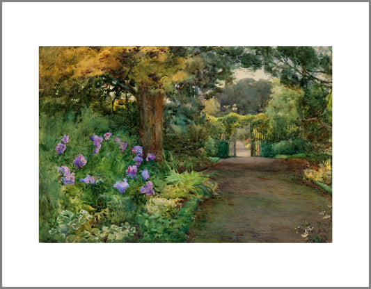 To the right a large garden path leads to an open gate. The left of the scene is taken up by greenery, a large tree and purple flowers.