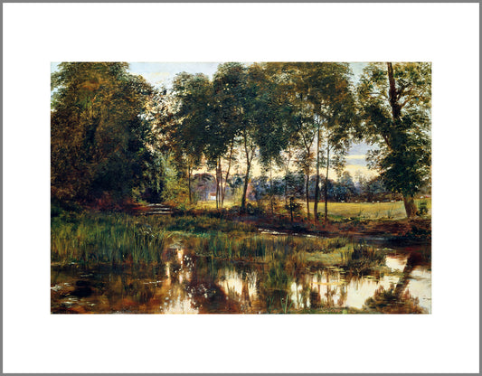 A classic landscape painting of a still river, flowing towards the viewer, with trees along the bank primarily in shades of green and brown.