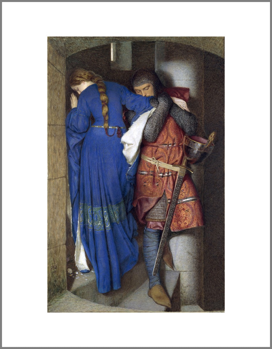 A man in mail and a woman in blue stand on a castle staircase. The woman has her back to the viewer and her face turned from the man as they walk in opposite directions. He is embracing her arm as he descends.