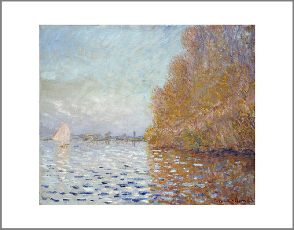An impressionist painting of a light blue sky and matching coloured lake. The right of the image is dominated by a large tree in autumn oranges which reflects into the water. On the left is a small boat with its white sail open.