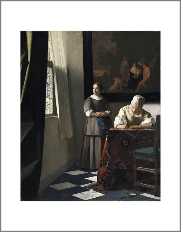 On the right a woman sits at a table writing a letter. A maid stands beside her looking out the window to the left which illuminates the scene. Behind them a large painting hangs on the wall.