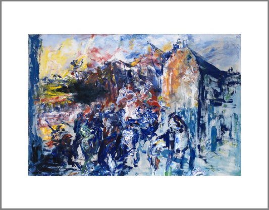 Painted primarily in shades of blue with strokes of red and yellow, the figures in this expressionist painting are evoked through loose shapes and visible strokes. The style of painting has visible brush strokes and paint texture.