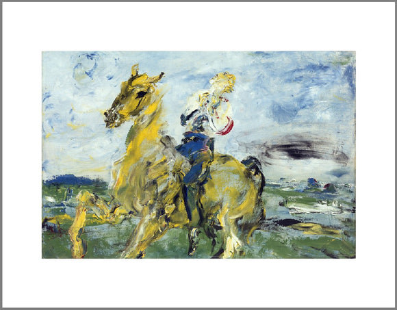 An expressionist painting with visible brush strokes and paint texture. A man, with his head thrown back to the sky, rides a yellow horse.