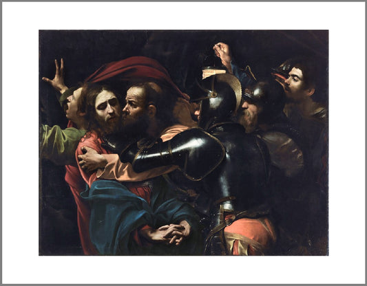 A dark scene where a group of men, primarily soldiers, are looking and moving towards a man, Jesus, on the left. One of the men, Judas, is leaning in to kiss Jesus on the cheek.