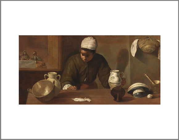 A woman stands behind a table with kitchen ware on it. She appears to be listening to the people who sit in a room through a door behind her. The classical painting is mainly in shades of brown.