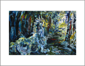 A loose, expressionist painting of a horse running through a dark woods. Primarily painted in blue, black and white, there are touches of yellow and red. The style of painting has visible brush strokes and paint texture.