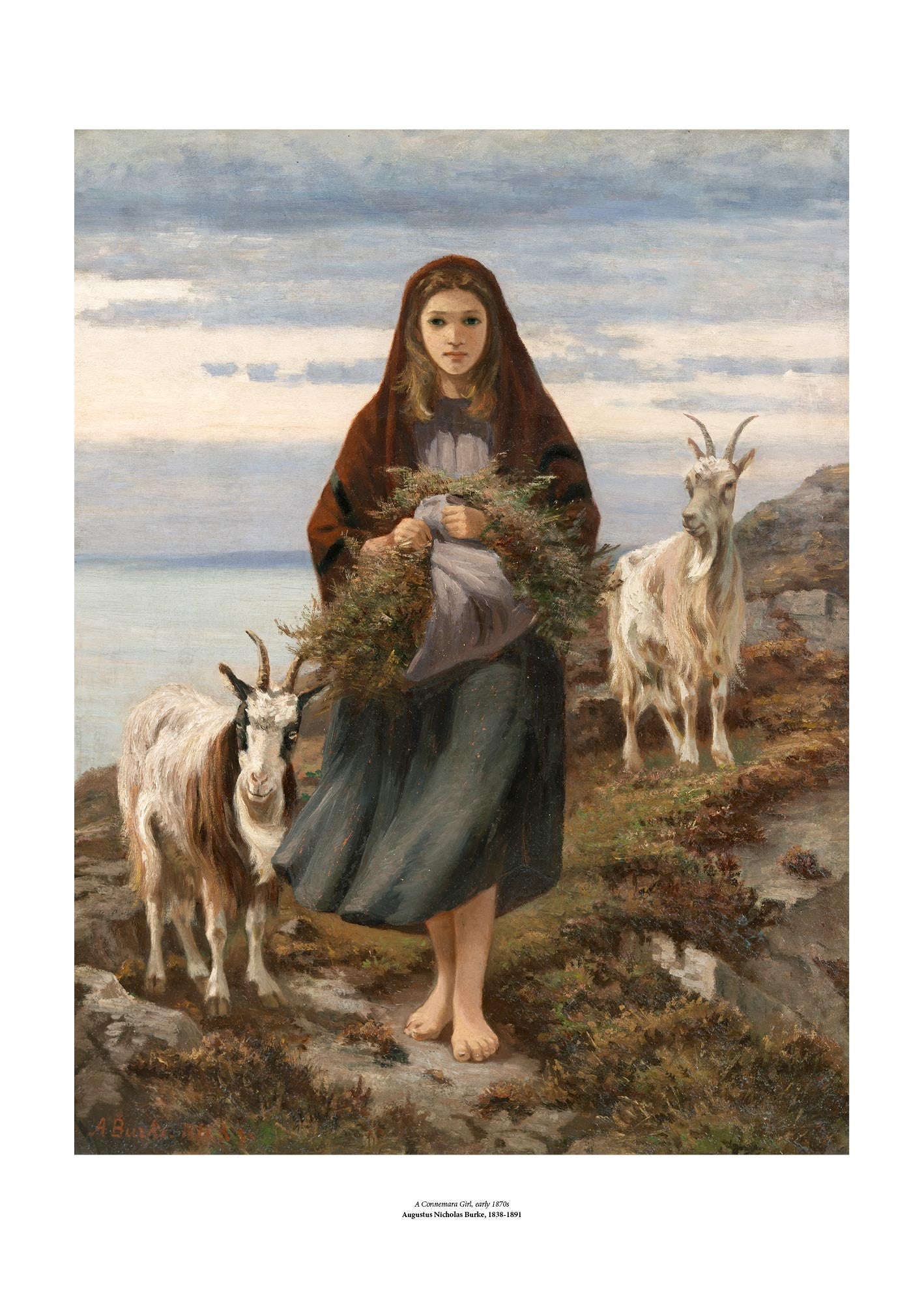 A classic style painting of a young woman standing barefoot on a rugged hillside. She wears a red shawl over her head and holds a large bundle of plants gathered in her apron. She is flanked on both sides by horned goats. The painting is surrounded by a white border with its name and painter at bottom centre.