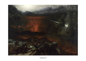 A large apocalyptic scene with dark clouds and the earth being split by red lava dominate the painting. In the foreground on a rocky outcrop people cower while a freed slave stands, arms raised to the sky. The painting is surrounded by a white border with its name and painter at bottom centre.