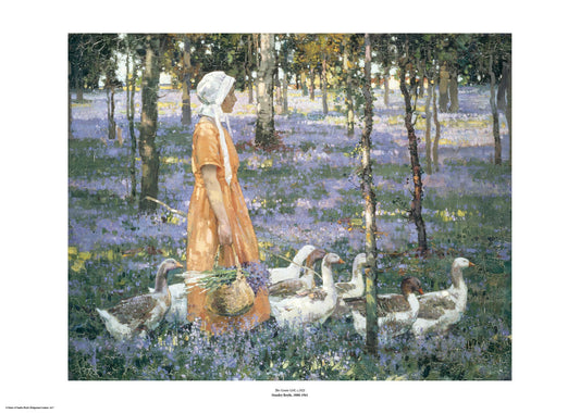 A woman in an orange dress and white bonnet walks through a woods where the forest floor is covered in purple flowers. She has a group of geese around her and carries a basket of the purple flowers. The painting is surrounded by a white border with its name and painter at bottom centre.