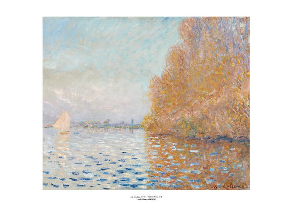 An impressionist painting of a light blue sky and matching coloured lake. The right of the image is dominated by a large tree in autumn oranges which reflects into the water. On the left is a small boat with its white sail open. The painting is surrounded by a white border with its name and painter at bottom centre.