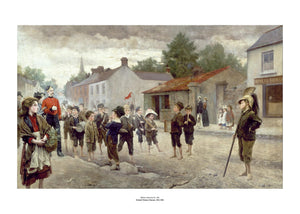 A village street where children are gathered marching, pretending to be soldiers while a handful of other villagers look on. The painting is surrounded by a white border with its name and painter at bottom centre.