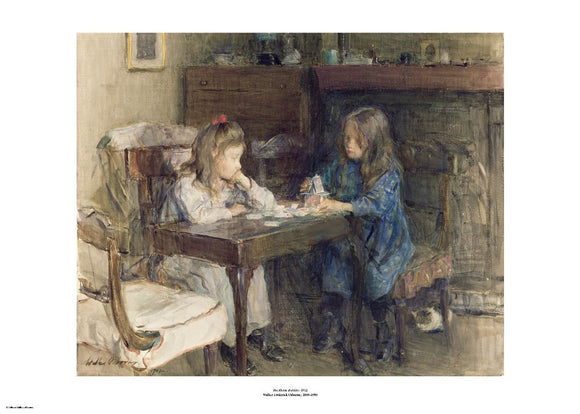 Two young girls sit at a table. Playing cards are scattered across the table and one of the girls is stacking the cards to make a house. The painting is surrounded by a white border with its name and painter at bottom centre.