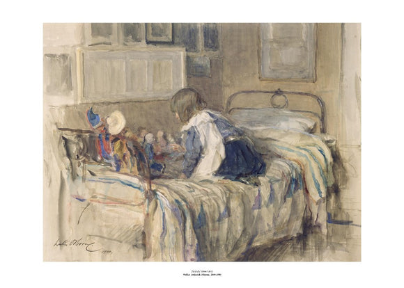 A young girl sits on a bed with her back to the viewer. She appears to be talking to the various toys lined up along the edge of the bed. The painting is surrounded by a white border with its name and painter at bottom centre.