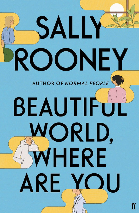 A blue cover with yellow gaps showing drawings of people. Author and title take up most of the space in thin, black capitals.