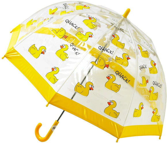 An open umbrella with a clear canopy covered in a pattern of yellow cartoon ducks in different poses, with scattered ‘Quack!’ around. The edge is yellow.